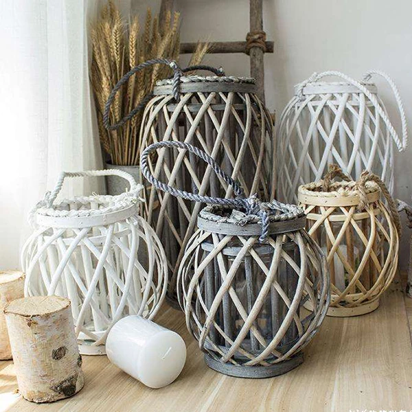 Wholesale Large Wicker Lanterns For Home Decorative Primitive Wood