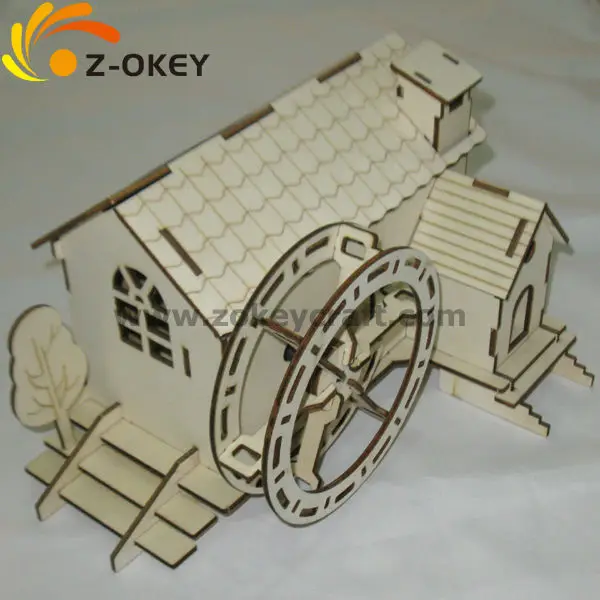 Z3D1219-2 3D plywood puzzles for assembling a small house with windmill
