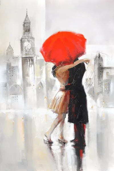 亲吻夫妇在红色的伞现代画布绘画 
