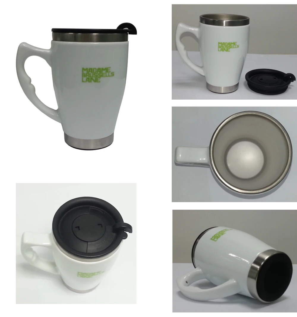 450ml Stainless Steel Inner Ceramic Outer Plain White Coffee Mugs