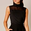 Women black tulle lace high neck office blouse