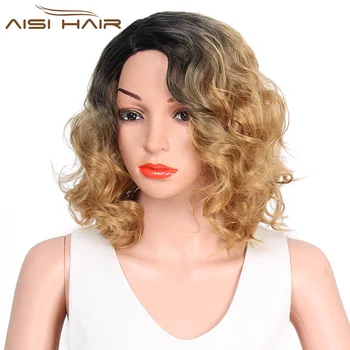 Aisi Hair Wholesale Side Part Short Curly Wavy Ombre Blonde Color
