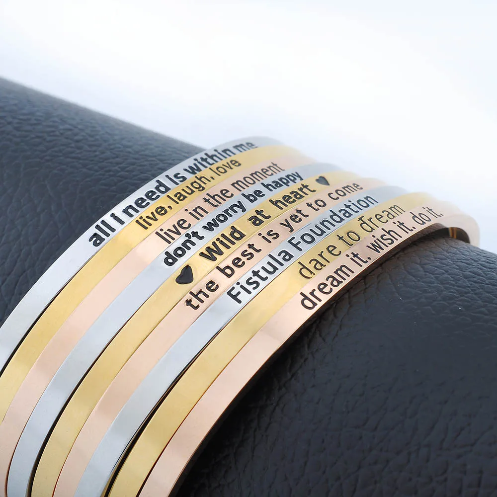 Wholesale Custom Logo 316L Stainless Steel Jewelry Engraved Inspirational Stampe Message Bangles Cuff Bracelets For Women