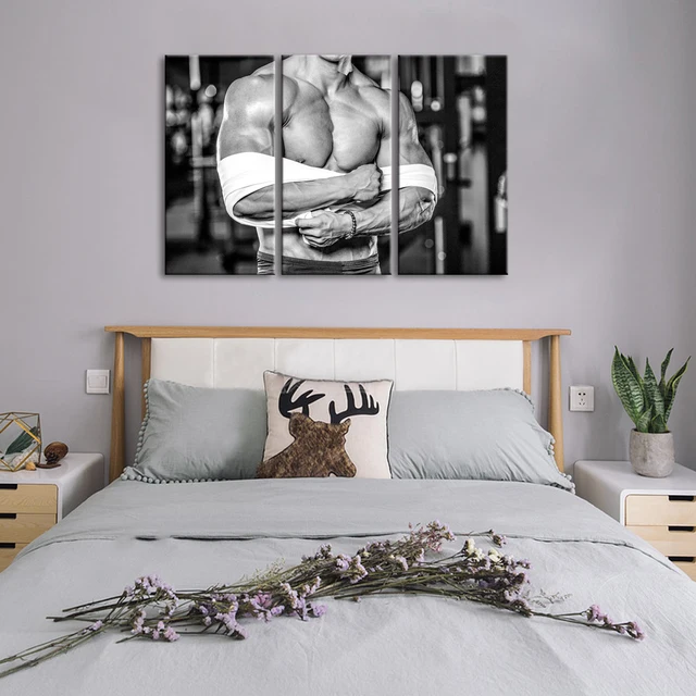 Black And White Gym Wall Art 3 Panel Muscular Fitness Coach