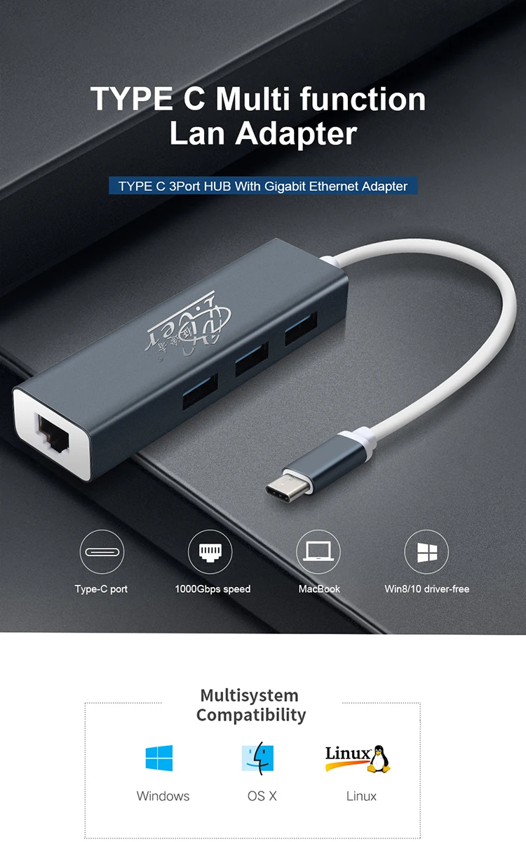 USB Type-C to RJ45 Lan Ethernet Adapter USB 3.1 Type c 10/100/1000Mbps Gigabit LAN Hub