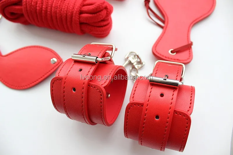 8piece Leather Flirting Toys Sex Couples Bedroom Red Whip Handcuffs