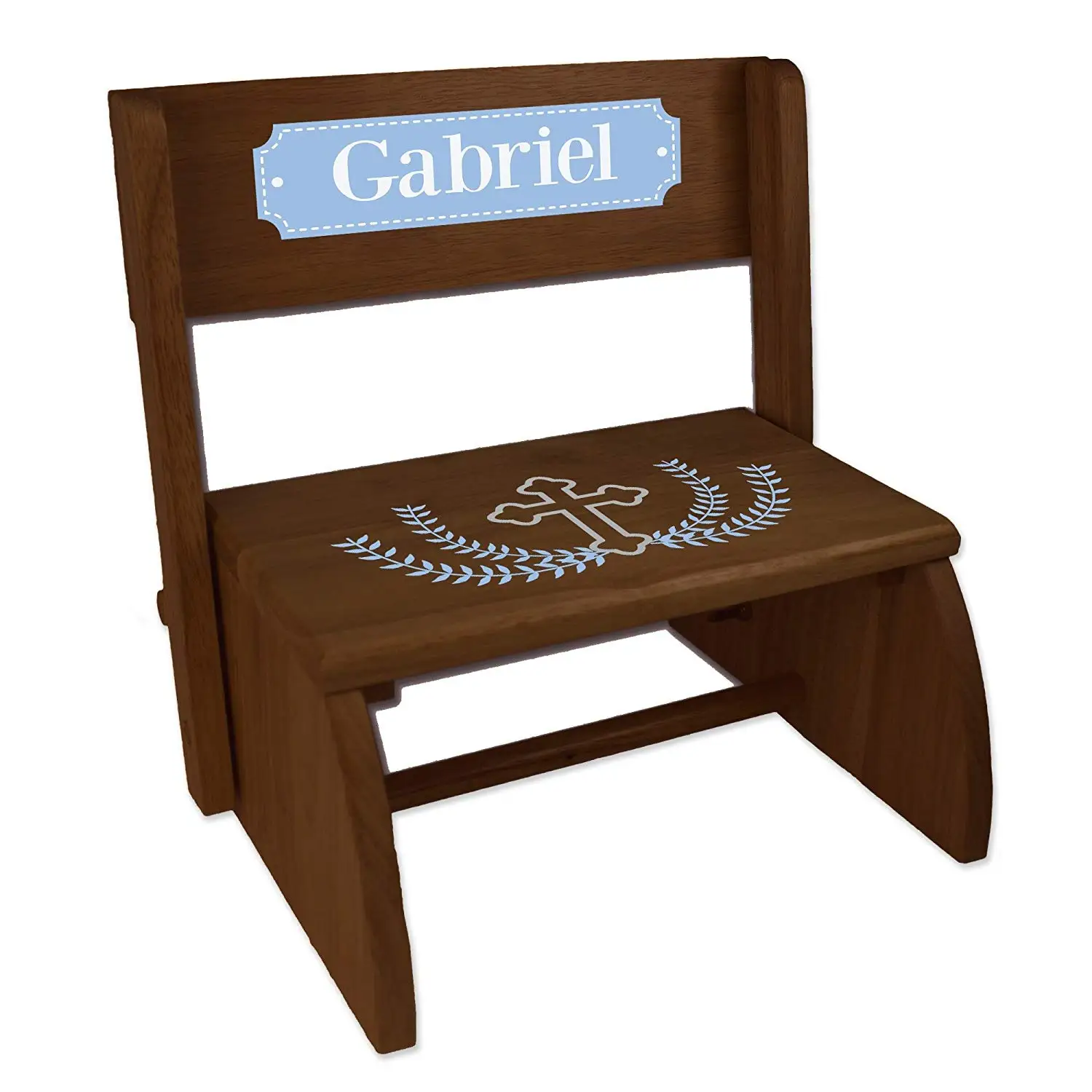 Personalized Cross Garland Light Blue Espresso Wooden Folding Stool and Seat