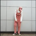 2016 New Korea men s pink corduroy wide leg bib pants Siamese strap loose casual trousers