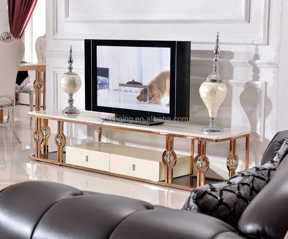 Europe Easy Standard Modern Stainless Steel Marble Tv Stand Showcase