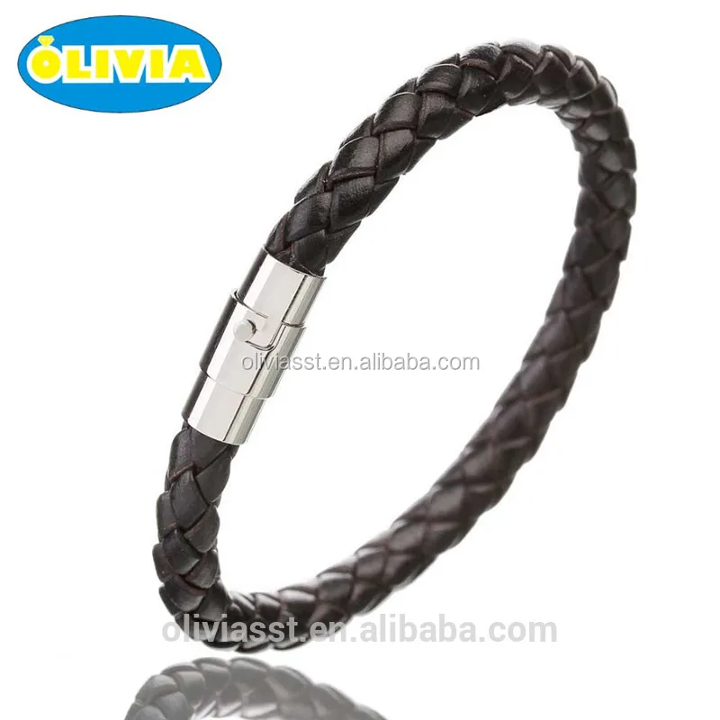 professional custom ornaments genuine woven magnetic clasp fashion mens leather bracelet