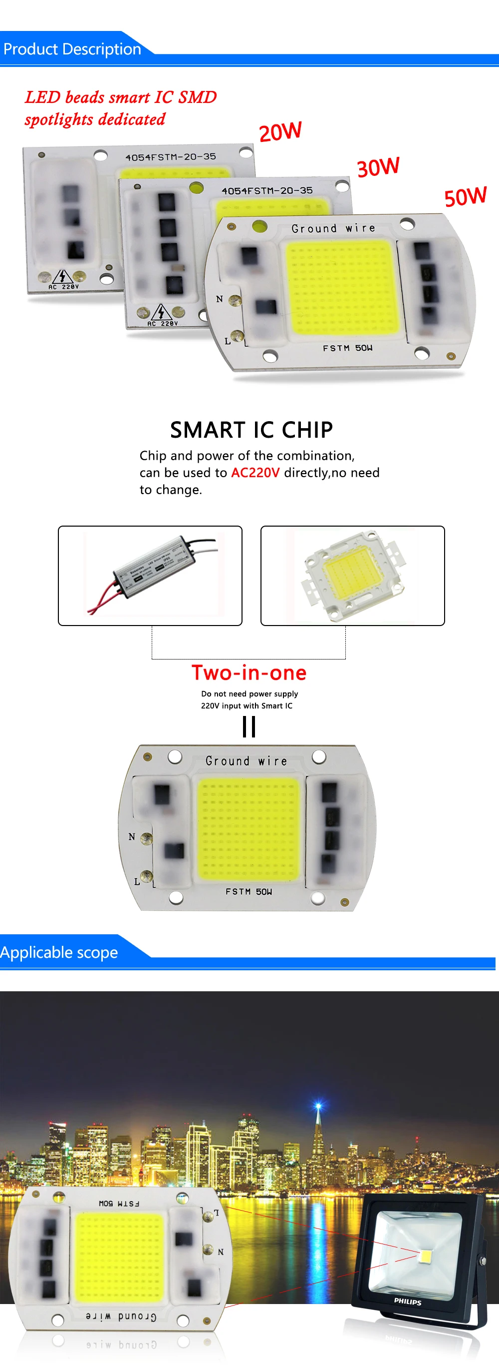 Input Voltage Smart IC 220V 1110V AC COB Led Module 20W 30W 50W Cob Led Chips For Led Floodlights