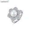 LUOTEEMI Fashion Flower Shape AAA Zircon Pave Luxury Simulated Pearl Adjustable Size Finger Rings For Women
