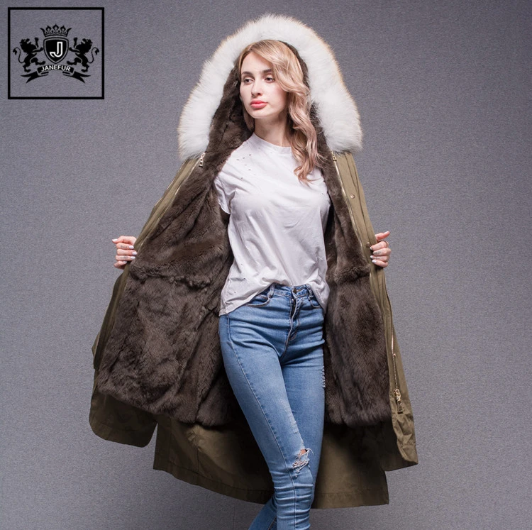 Top Sale Big White Real Raccoon Fur Hooded Parka Long Rabbit Fur Lining Coat