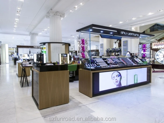 Hight quality cosmetic display and cosmetic kiosk with makeup station for cosmetics display design