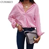 CUHAKCI New Women V-Neck Tops Long Sleeve Work Blouse Ladies Office Striped Blouse For Shirts S-5XL