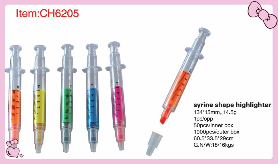 2016 Hot Syringe Shape Highlighter With Sticker On Holder Set,Cylinder