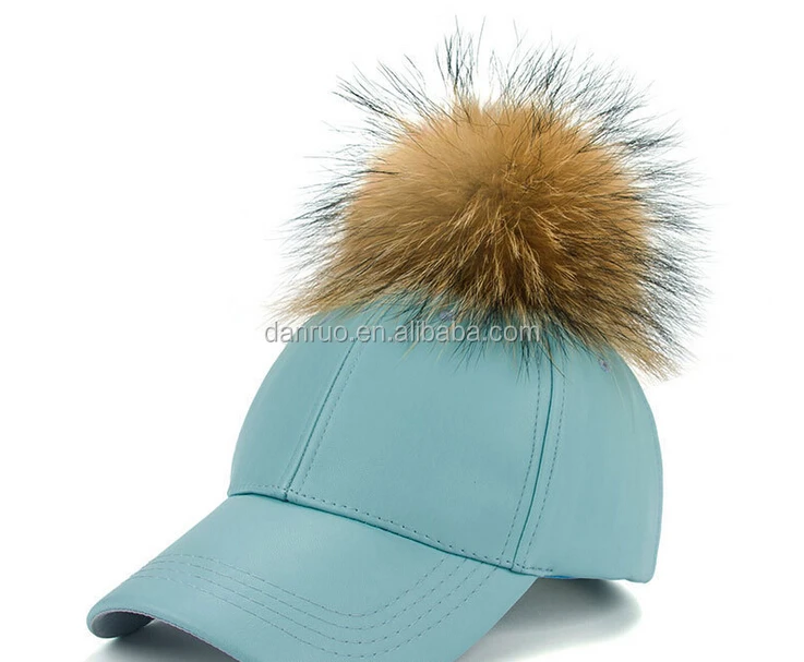 pom pom leather baseball cap