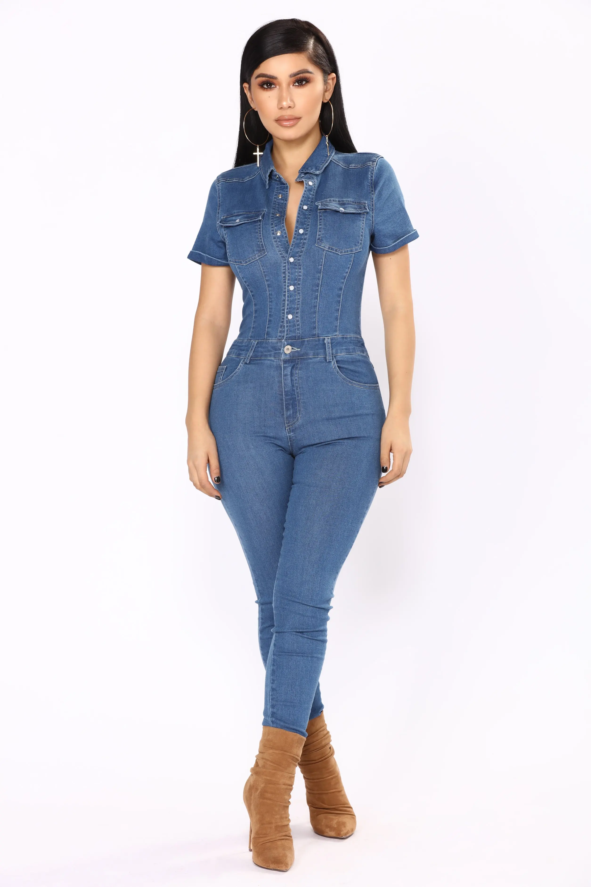 short sleeve jean jumpsuit