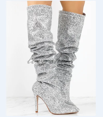 silver shimmer thigh high boots