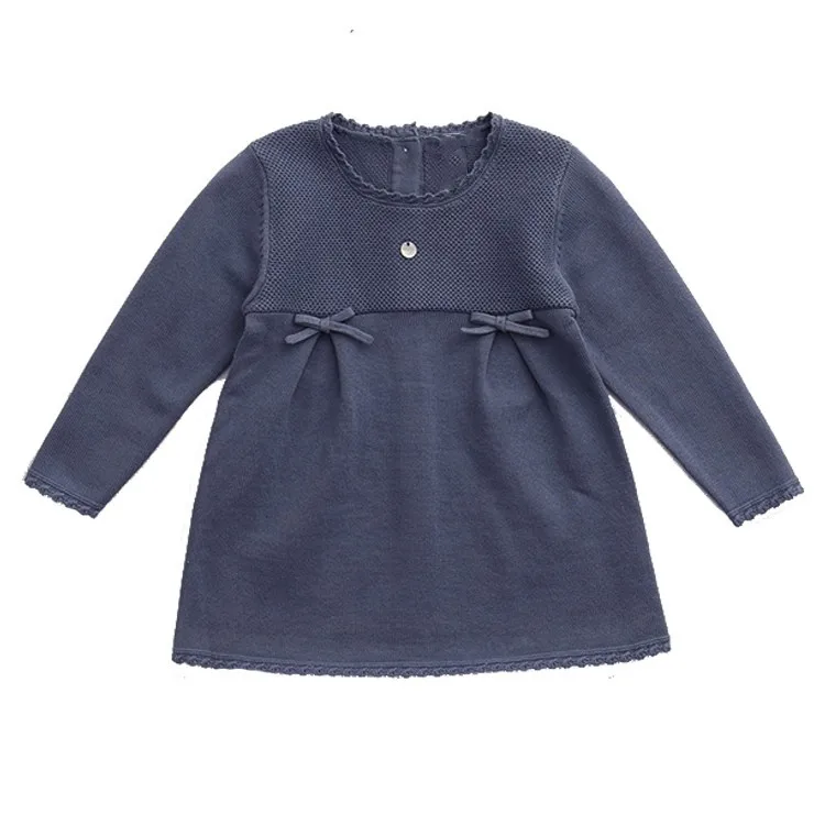 Manufacturer Custom Cute Long Sleeve Bow Baby Girls Knitted Autumn Sweater Dress Girls Dresses