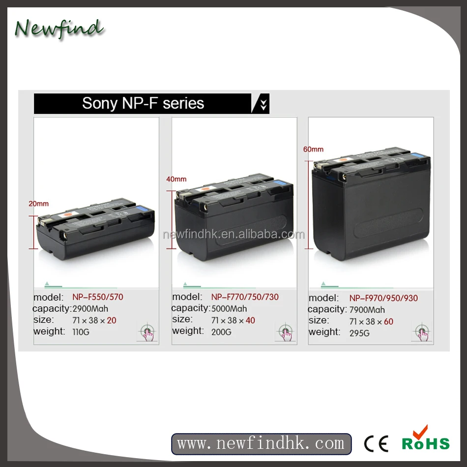 Rechargeable Camera Battery for SONY NP-F550 NP-F570 NP-F750 NP-F770 NP-F730 NP-F970 NP-F950 NP-F930 Series with Customized mah