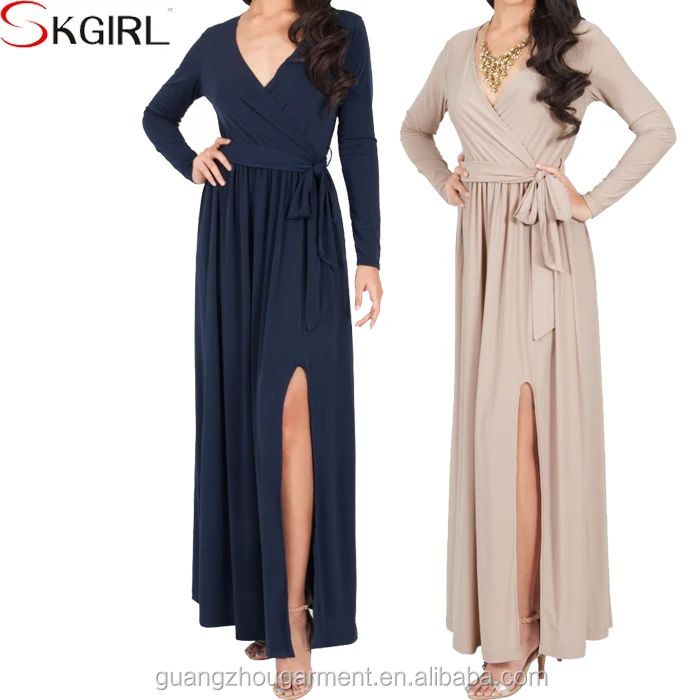 High Slit V Neck Draped Long Sleeve Jersey Maxi Evening Dress