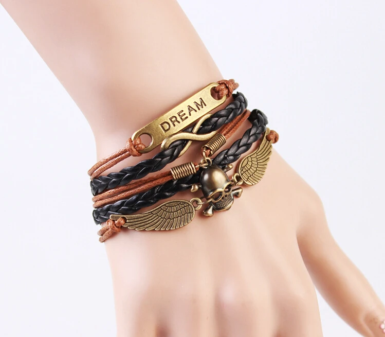 אופנה גולגולת תכשיטי גברים חום עור צמיד, צמיד גברים