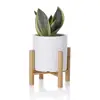 Bamboo Small Plant Stand with Cylinder Matte Ceramic Planter