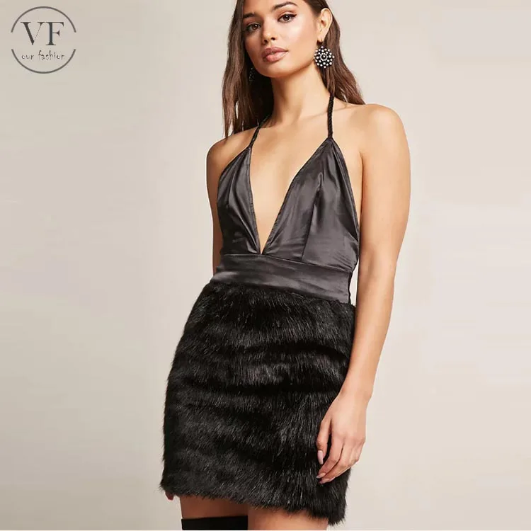 Fashion Plunging V Neck Faux Fur Dress 