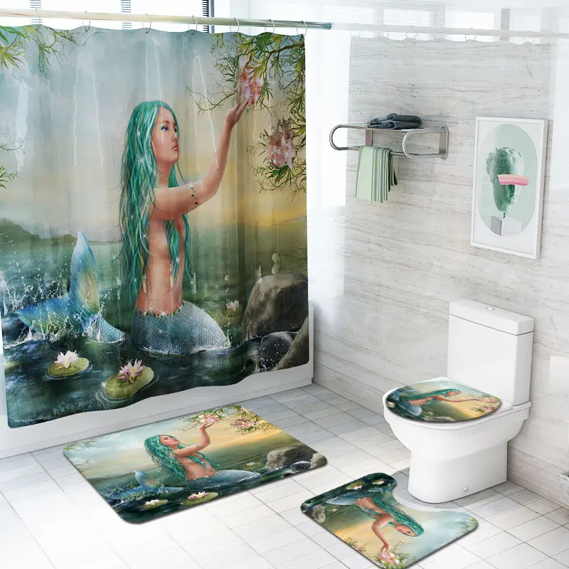 Wholesale Amazon mermaid printed 3 pcs bathroom rug mat match with shower curtain