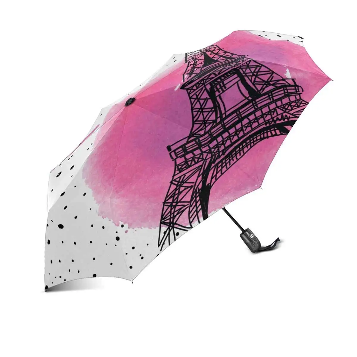 InterestPrint I Love Paris Eiffel Tower France 100% Polyester Pongee Windproof Fabric Travel Umbrella, Compact Automatic Open and Close Folding UV and Rain Umbrella