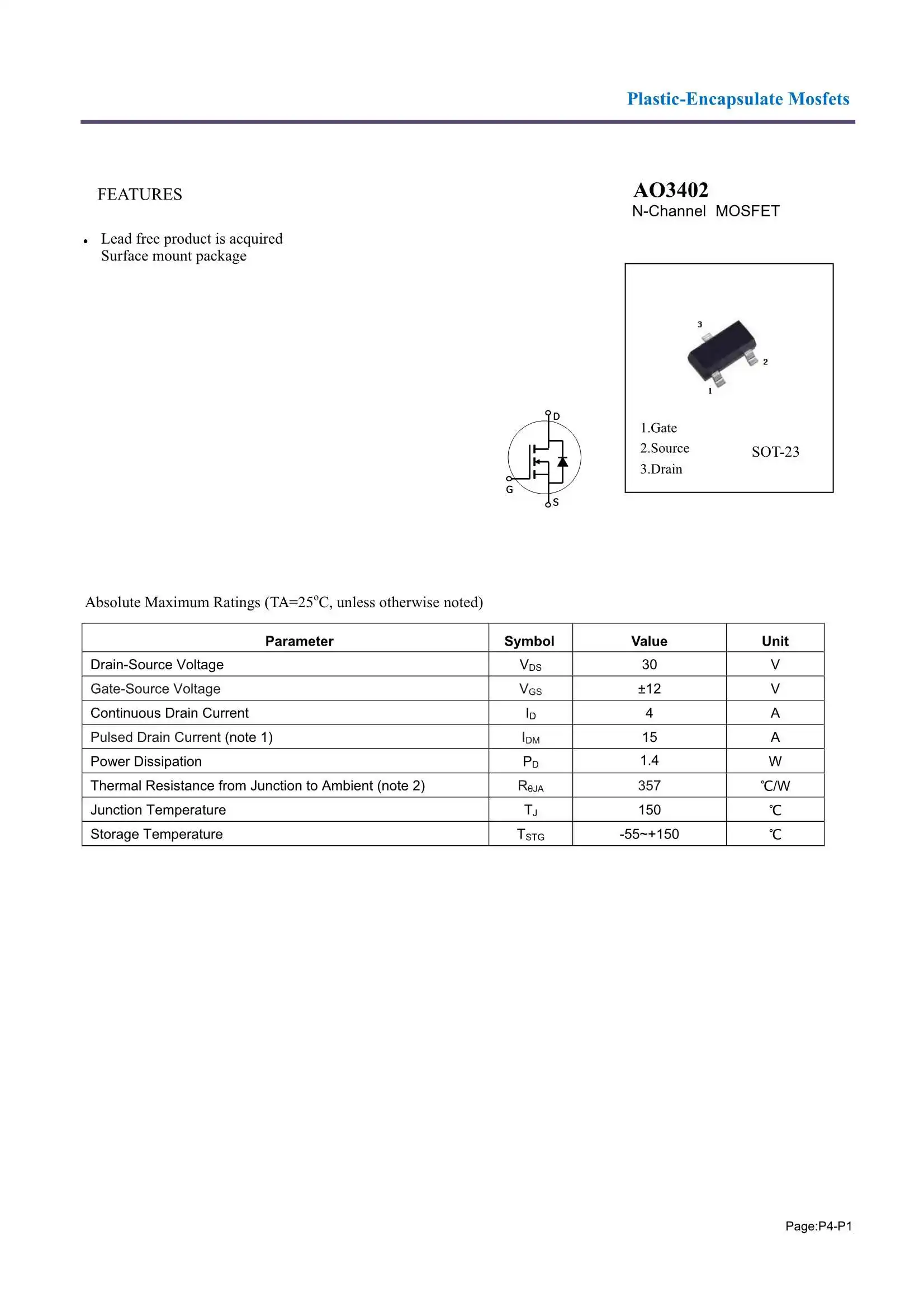Mosfet Transistor Ao3402 Sot23 Ao3402 Ao3402a2te Sot233 Transistor