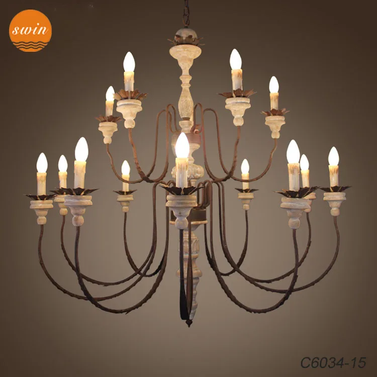 New Design Two Tiers Big Wooden Chandelier 15 Lights Antique