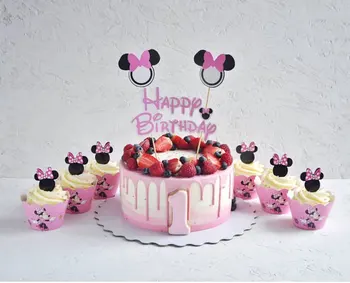 24pcs Cartoon Mickey Minnie Mouse Cupcake Wrappers Toppers Pick