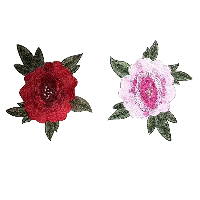 Red rose flower embroidery patch, hot fix fashion embriodery flower patches for clothing