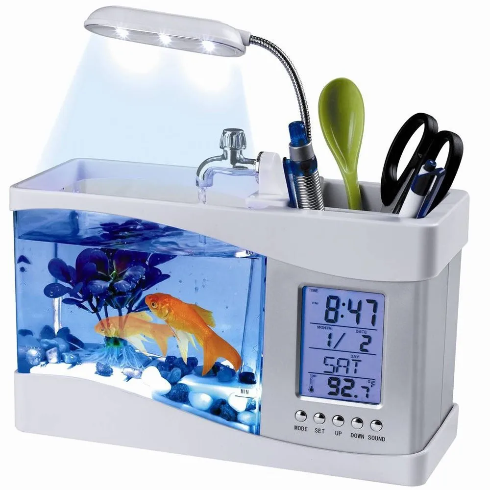 Rockyin Multifunctional USB Rechargeable Mini Fish Tank Aquarium with Clock Function LED Light Black