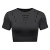 Black Sport Crop Top for Women with Thumb Holes short Sleeve Hollow Seamless Shirts Running Fitness Workout