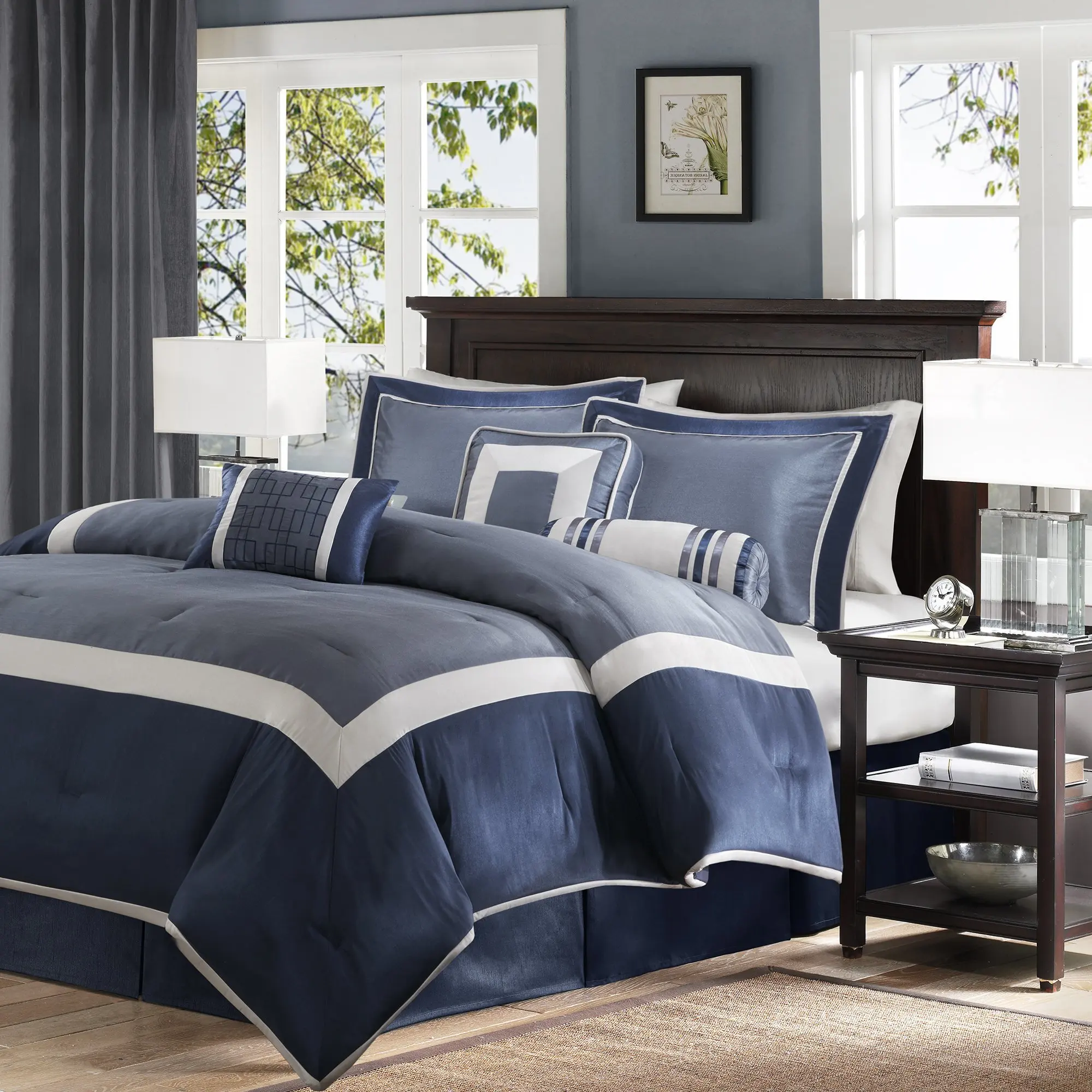 Buy 7 Piece Navy Blue Silver Color Block Comforter Queen Set, Blue Bold