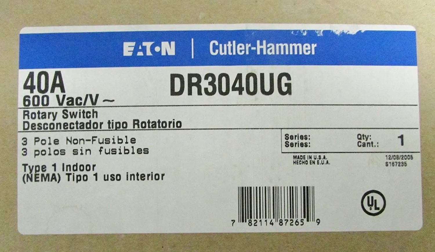 1- DR3040UG CUTLER HAMMER EATON 3 POLE 40 AMP 600V ROTARY SWITCH 3P 40A NON FUSIBLE
