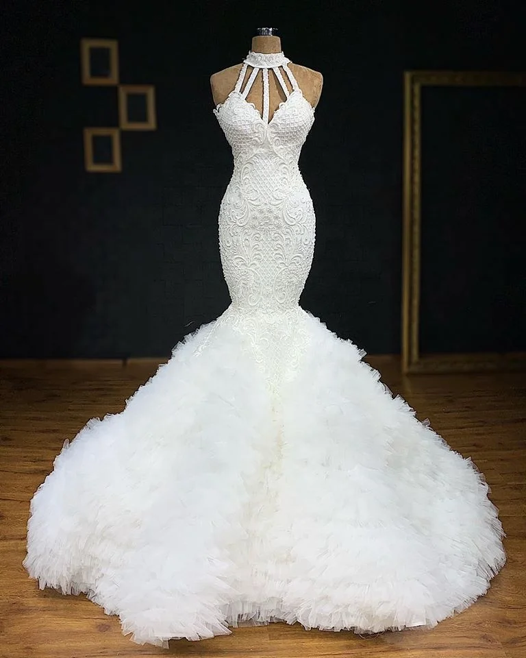 High Collar Lace Wedding Dress Sexy Sheath Fit And Flare Bridal