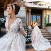 ASWY21 Fashion Luxury Long Sleeves V Neck Sexy Crystal Lace Ball Gown Cathedral Train Wedding Dresses