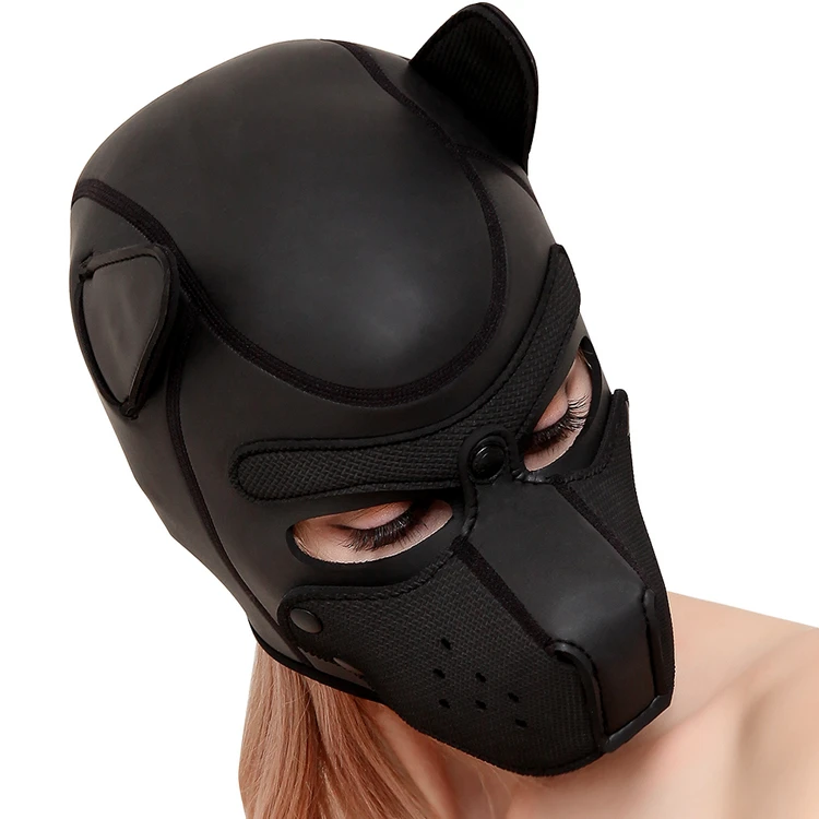 Tech Fetish Pu Leather Dog Mask Sexy Realistic Head Bondage Hood Black