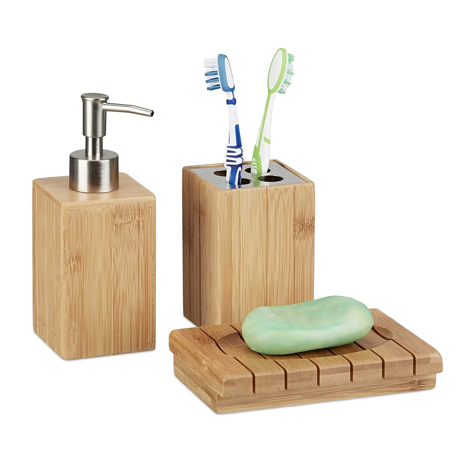 Bamboo Bathroom Accessories Set Of 3,Soap Dispenser,Soap Dish And