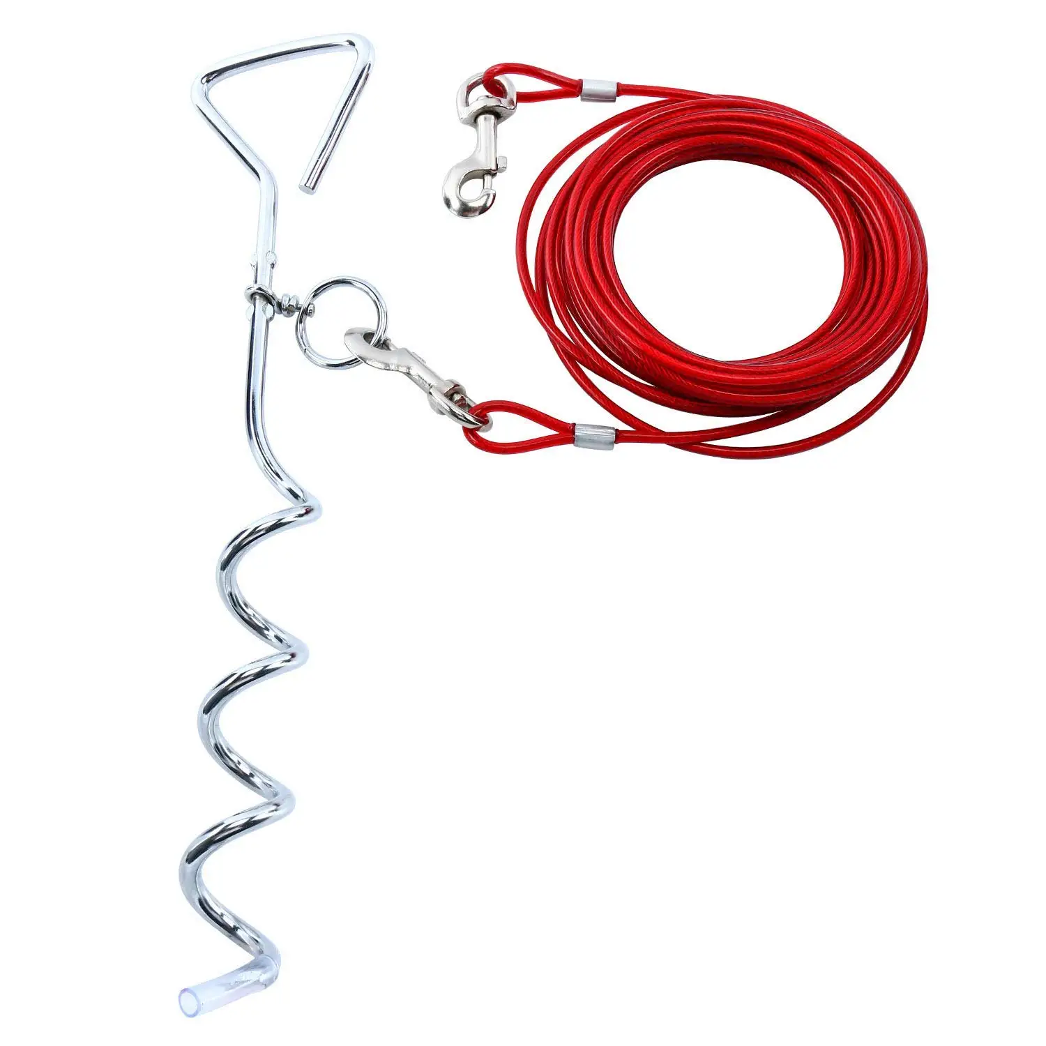Zinco Dog tie-Out Spiral Stake Comes with a 10 feet Double connectors Vinyl Coated Galvanized Cable. 18 inch Long manually Screwed in The Ground Will Prevents Pulling Out and Bending