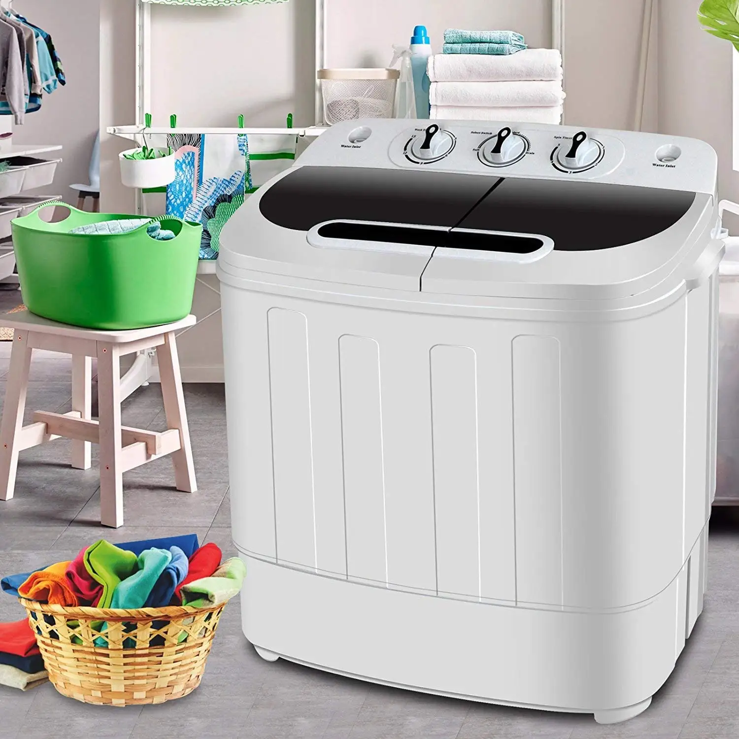 Light Gray Twin Tub Merax Portable Washing Machine Mini Compact Twin Tub Washer Machine with Wash and Spin Cycle FCC Verification Approved
