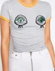 Wholesale Retro Ringer Tee With Alien Patches Grey Silm Fit Women T-Shirt With Custom Design Top Tee Crewneck