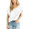 Women V Neck White Casual T Shirts Twist Knot Back Key Hole Drop Shoulder Tunics Tops