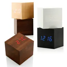 Wood Square Blue LED Alarm Digital White Desk Clock Wooden Thermometer USB/AAA Thermometer Date Display Vioce Touch Activated