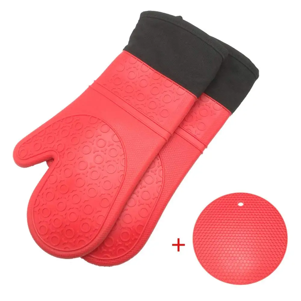 AMOUP Extra Long Silicone Oven Mitts and Potholders, Heat Resistant Baking Gloves with Quilted Cotton Liner Red