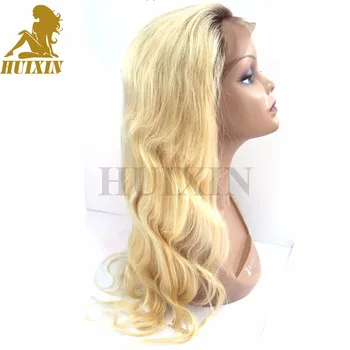 Long Blonde Human Hair Wig Blonde Full Lace Wig Dark Roots Human